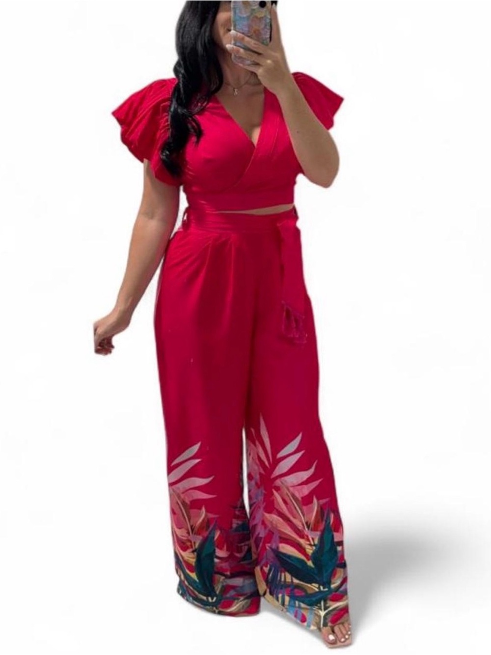 Women's Red Wide-Leg Two-Piece Set with Tropical Hem